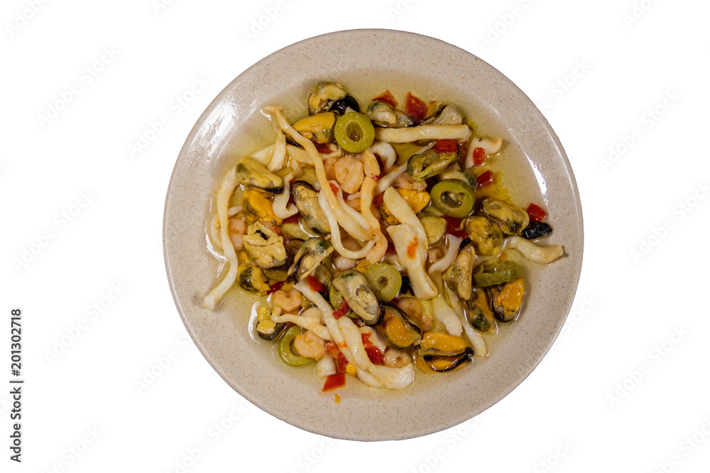 Seafood salad with shrimp, squid and mussels isolated on white background Seafood salad with shrimp, squid and mussels isolated on white background