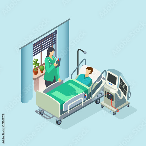 Vector isometric modern hospital room, ward with male patient in bed, female doctor standing holding clipboard and medical reanimation equipment. 3d illustration with clinic interior design