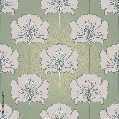 Vintage seamless pattern with pink flowers. Art nouveau style. Vector illustr...