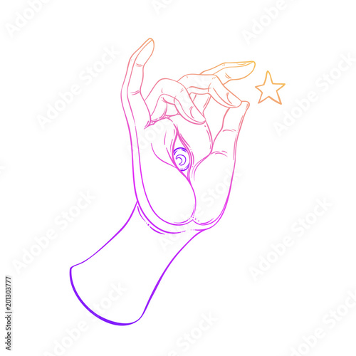 Lord Buddha's hand with eye. Isolated vector illustration of Mudra. Hindu motifs. Tattoo, yoga, spirituality, textiles. Sketchy style, hand drawn. Vintage drawing.