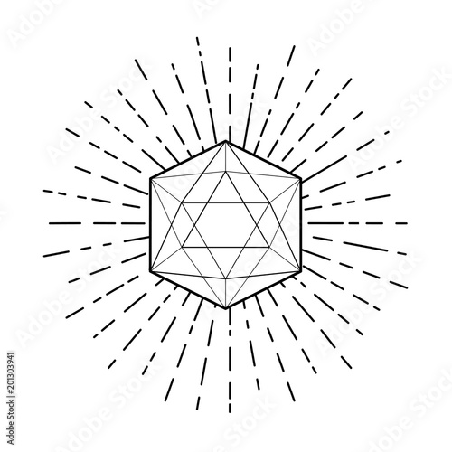 Sacred geometry. Icosahedron line drawing with rays, platonic solid. Blackwork tattoo flash. religion, spirituality, occultism. Isolated photo