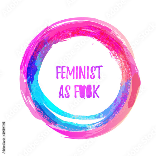 Women's March. Female hand with her fist raised up. Girl Power. Feminism concept. Realistic isolated vector illustration in pink hand drawn watercolor circle. Sticker