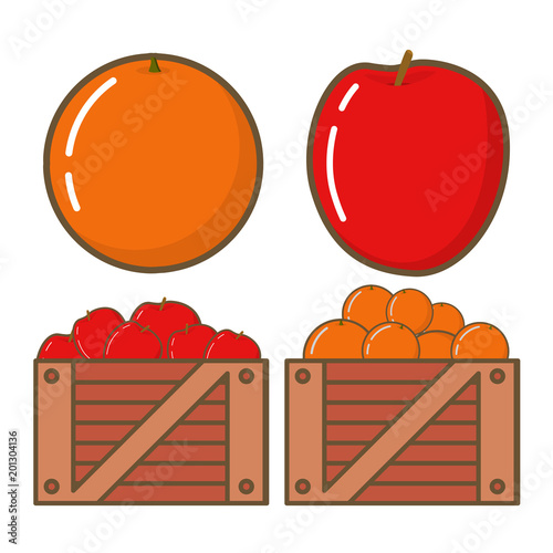 Ripe orange and apple. Tropical citrus. Natural healthy food for vegeterianets.In flat line art a vector.The fruit packed into wooden boxes.