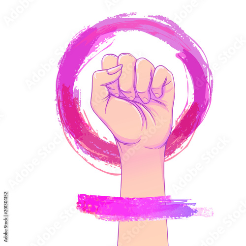 Women's March. Female hand with her fist raised up. Girl Power. Feminism concept. Realistic isolated vector illustration in pink hand drawn watercolor circle. Sticker