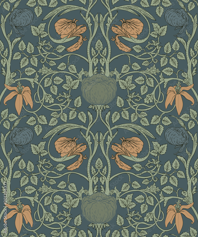 Floral vintage seamless pattern for retro wallpapers. Enchanted Vintage  Flowers. Arts and Crafts movement inspired. Stock Vector | Adobe Stock