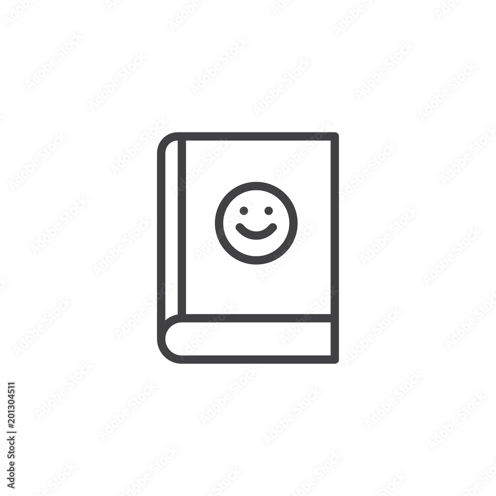 Book with smile emoji outline icon. linear style sign for mobile concept and web design. Comedy book literature simple line vector icon. Symbol, logo illustration. Pixel perfect vector graphics Book with smile emoji outline icon. linear style sign for mobile concept and web design. Comedy book literature simple line vector icon. Symbol, logo illustration. Pixel perfect vector graphics