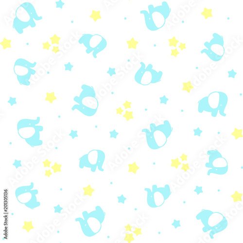 cute baby elephants seamless pattern with stars and dots on white background, design for baby boy and children