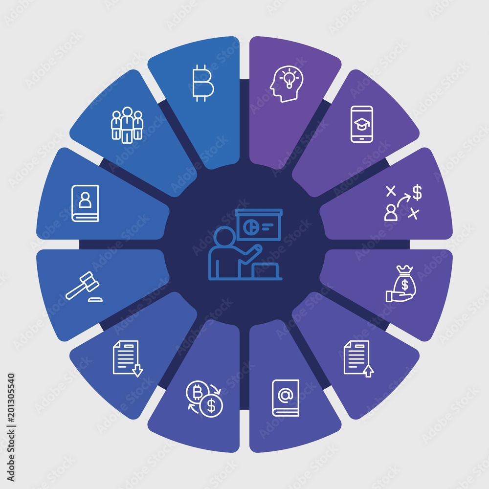 business, money, education Infographic Circle outline Icons Set. Contains such Icons as  market,  creativity,  investment, business,  teacher, contact, court and more. Fully Editable. Pixel Perfect..