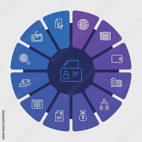 business, money, education Infographic Circle outline Icons Set. Contains such Icons as  tool,  leather,  learning,  currency, communication, business,  world and more. Fully Editable. Pixel Perfect..