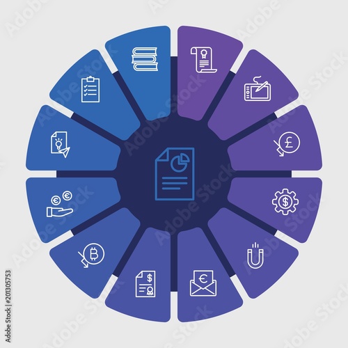 business, money, education Infographic Circle outline Icons Set. Contains such Icons as  science,  check,  cash,  magnetic,  euro,  laptop,  study,  textbook and more. Fully Editable. Pixel Perfect..