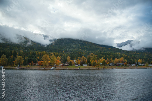 Mountain landscape showing larches on Kootenay Lake
