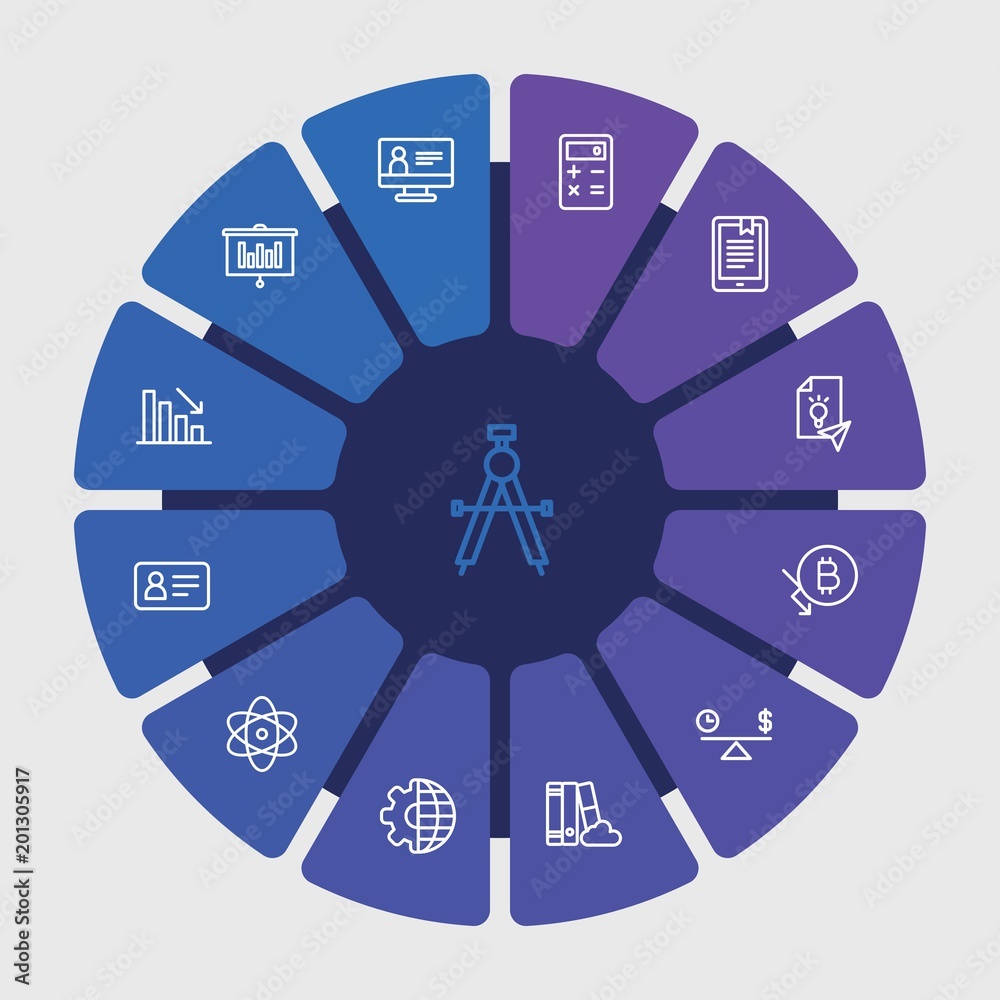 business, money, education Infographic Circle outline Icons Set. Contains such Icons as  digital,  cloud,  decrease,  money,  library,  discussion,  balance and more. Fully Editable. Pixel Perfect..