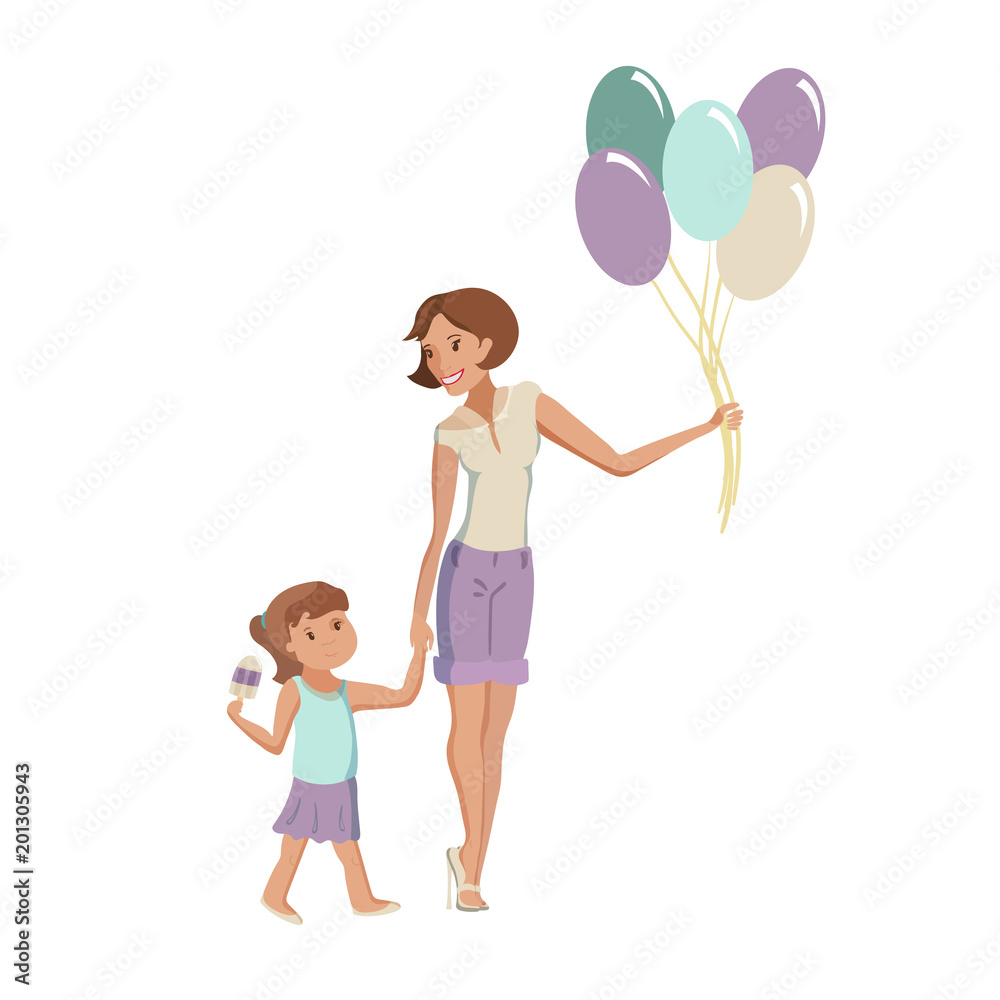 Mother and daughter walking at the park vector Mother and daughter walking at the park vector