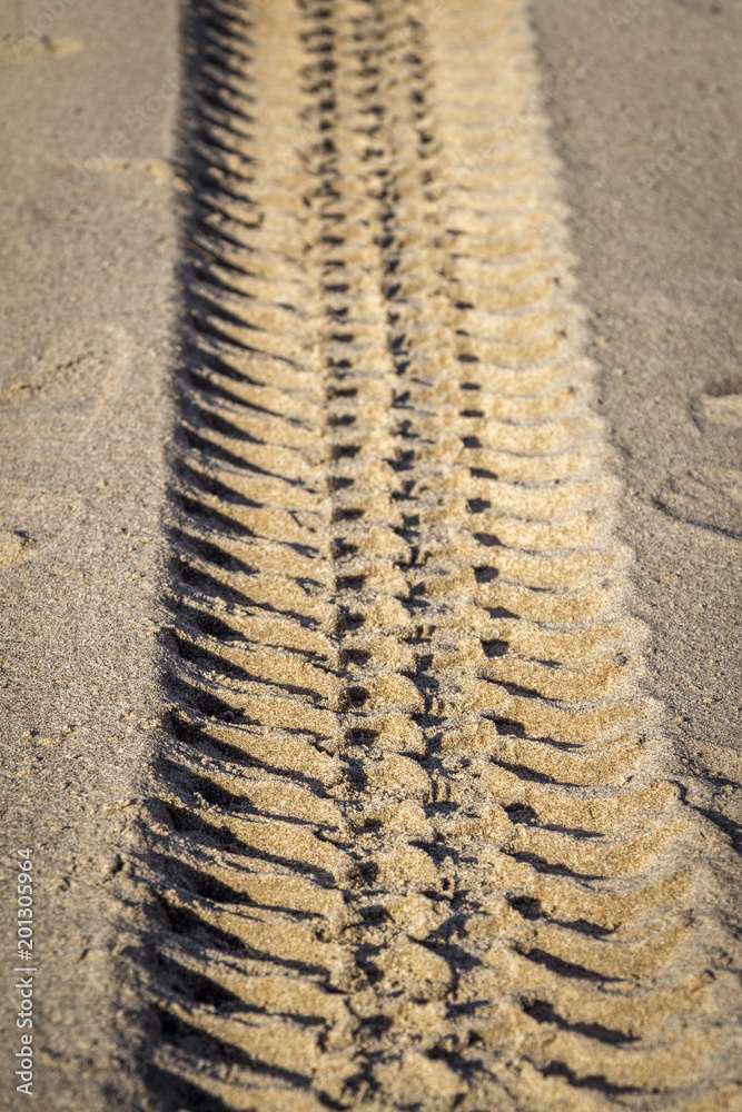Traces of a car on the sandy river bank in winter. Traces of a car on the sandy river bank in winter.