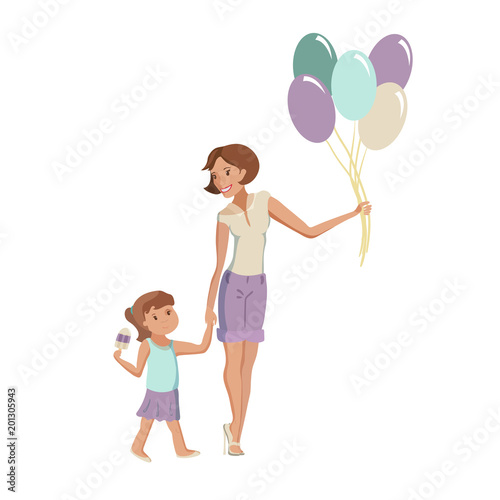 Mother and daughter walking at the park vector