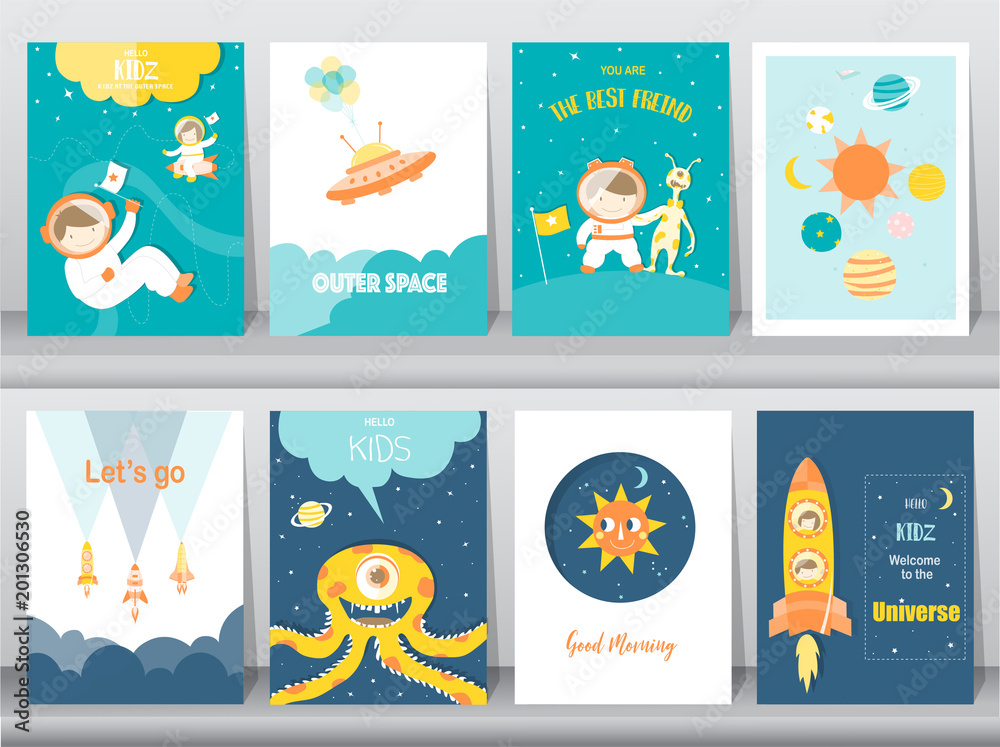 Set of cute space posters,Design for kid cards,Vector illustrations.