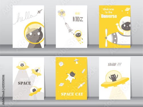 Set of cute cat on space backgrounds.Design for kid cards,poster,template,cards,Vector illustrations.
