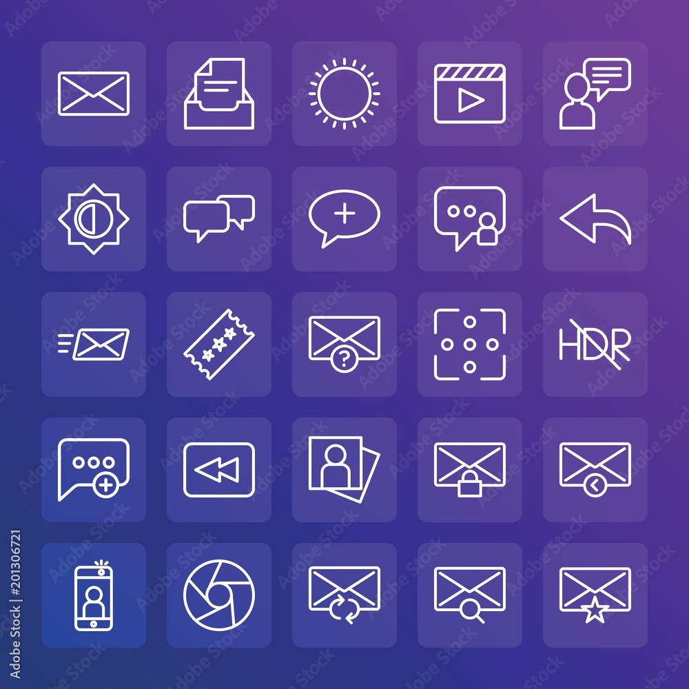 Modern Simple Set of chat and messenger, video, photos, email Vector outline Icons. ..Contains such Icons as  capture,  entertainment and more on gradient background. Fully Editable. Pixel Perfect.
