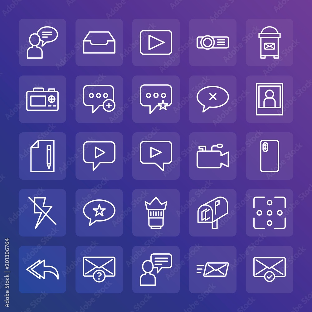 Modern Simple Set of chat and messenger, video, photos, email Vector outline Icons. ..Contains such Icons as inbox, letter, projection and more on gradient background. Fully Editable. Pixel Perfect. Modern Simple Set of chat and messenger, video, photos, email Vector outline Icons. ..Contains such Icons as inbox, letter, projection and more on gradient background. Fully Editable. Pixel Perfect.