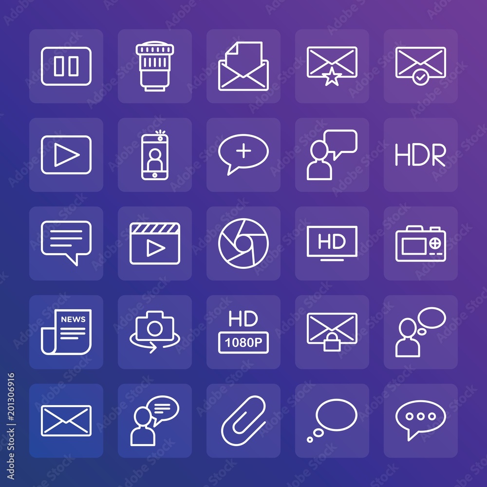 Modern Simple Set of chat and messenger, video, photos, email Vector outline Icons. ..Contains such Icons as office, paperclip, pause and more on gradient background. Fully Editable. Pixel Perfect. Modern Simple Set of chat and messenger, video, photos, email Vector outline Icons. ..Contains such Icons as office, paperclip, pause and more on gradient background. Fully Editable. Pixel Perfect.