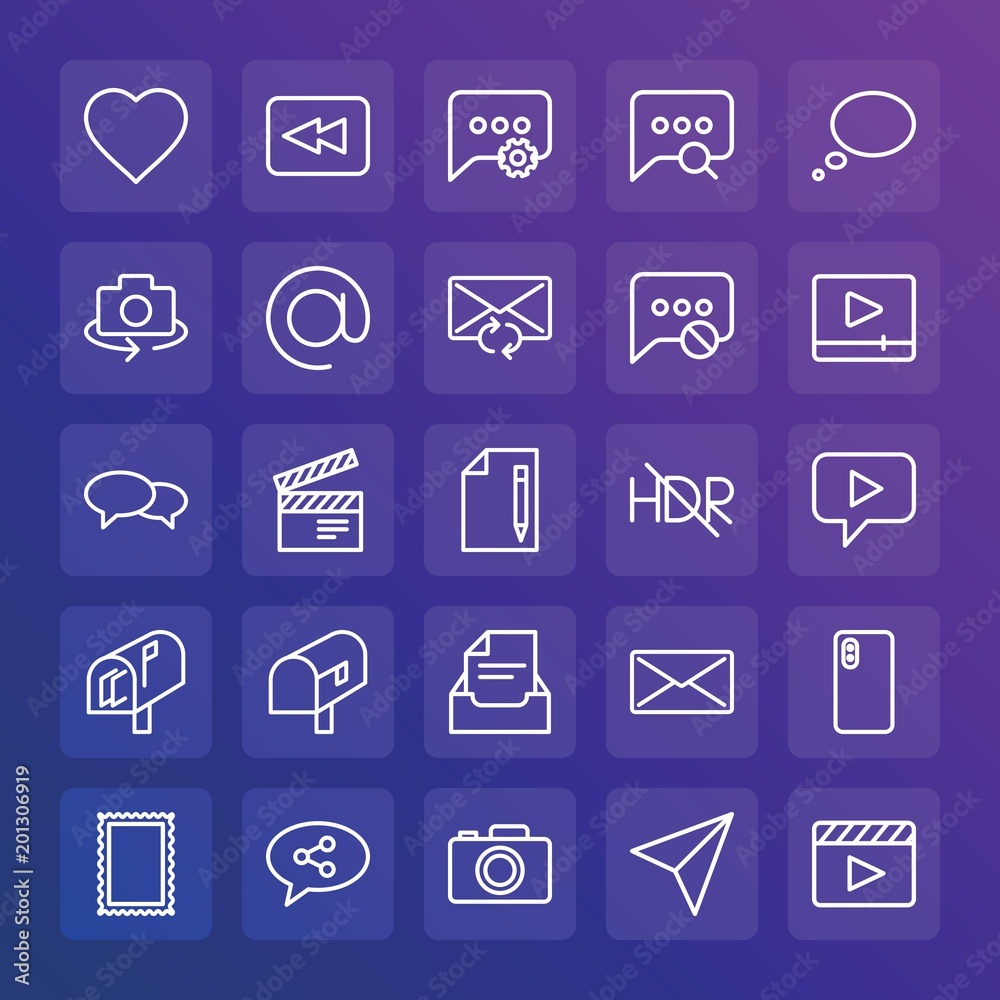 Modern Simple Set of chat and messenger, video, photos, email Vector outline Icons. ..Contains such Icons as send, messaging, web and more on gradient background. Fully Editable. Pixel Perfect. Modern Simple Set of chat and messenger, video, photos, email Vector outline Icons. ..Contains such Icons as send, messaging, web and more on gradient background. Fully Editable. Pixel Perfect.