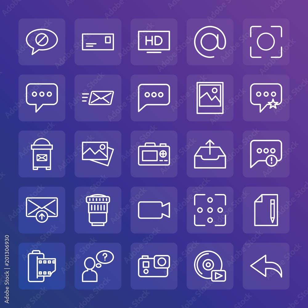 Modern Simple Set of chat and messenger, video, photos, email Vector outline Icons. ..Contains such Icons as hd, outline, vintage, cd and more on gradient background. Fully Editable. Pixel Perfect. Modern Simple Set of chat and messenger, video, photos, email Vector outline Icons. ..Contains such Icons as hd, outline, vintage, cd and more on gradient background. Fully Editable. Pixel Perfect.
