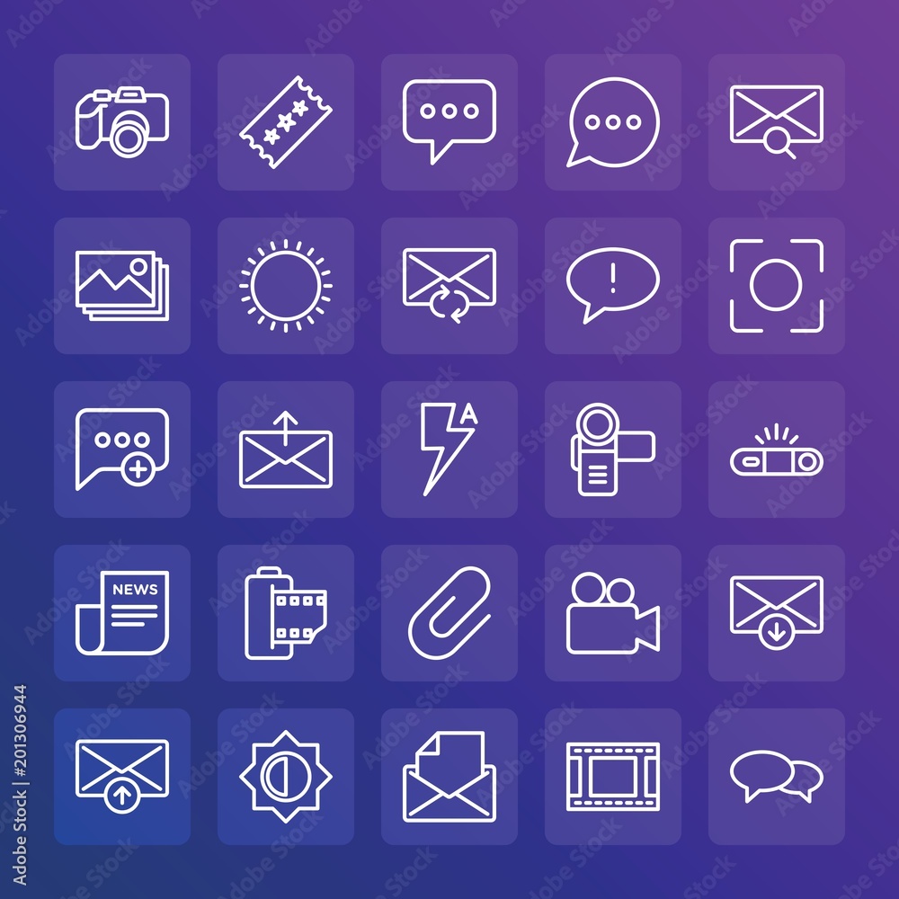 Modern Simple Set of chat and messenger, video, photos, email Vector outline Icons. ..Contains such Icons as dslr, cinema, camera, sms and more on gradient background. Fully Editable. Pixel Perfect. Modern Simple Set of chat and messenger, video, photos, email Vector outline Icons. ..Contains such Icons as dslr, cinema, camera, sms and more on gradient background. Fully Editable. Pixel Perfect.