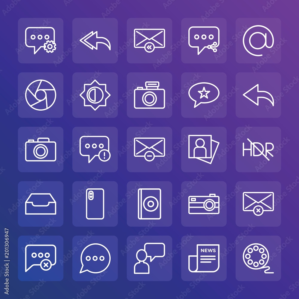 Modern Simple Set of chat and messenger, video, photos, email Vector outline Icons. ..Contains such Icons as envelope, outdoors, reply and more on gradient background. Fully Editable. Pixel Perfect. Modern Simple Set of chat and messenger, video, photos, email Vector outline Icons. ..Contains such Icons as envelope, outdoors, reply and more on gradient background. Fully Editable. Pixel Perfect.