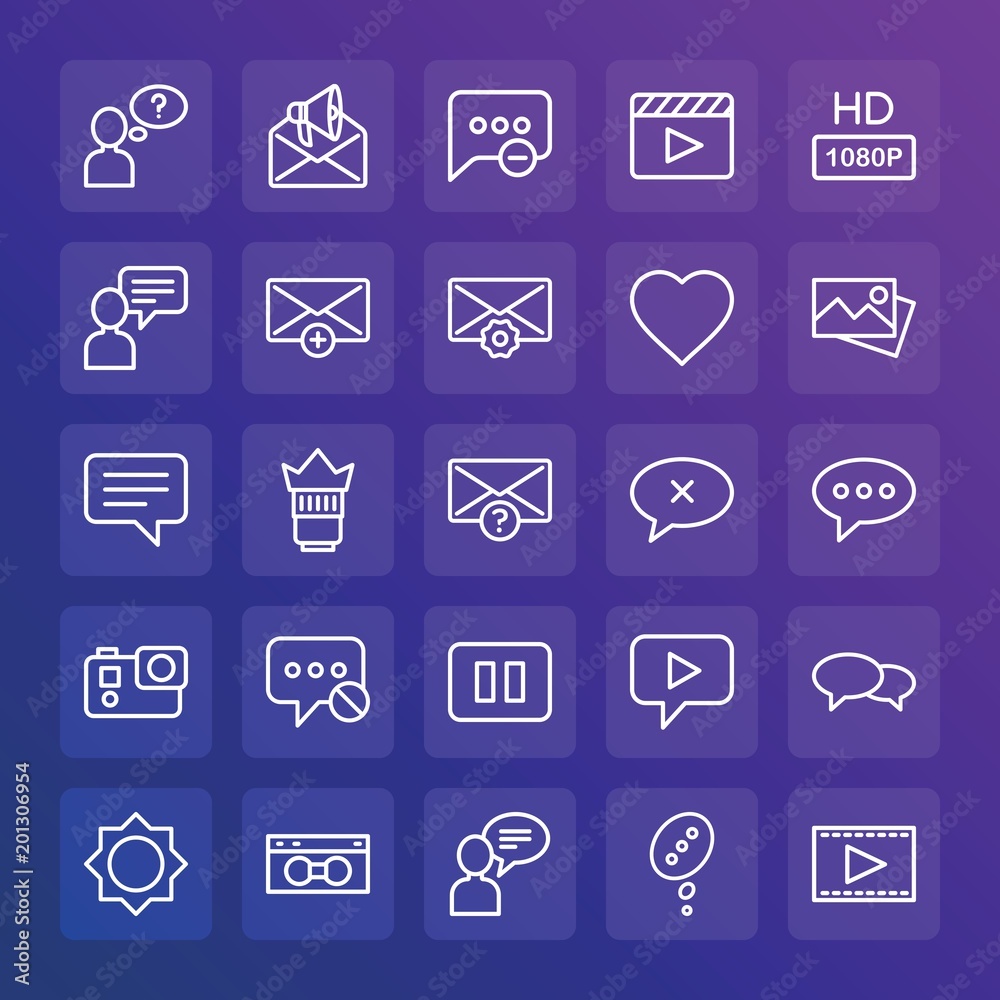 Modern Simple Set of chat and messenger, video, photos, email Vector outline Icons. ..Contains such Icons as web, communication, chat and more on gradient background. Fully Editable. Pixel Perfect. Modern Simple Set of chat and messenger, video, photos, email Vector outline Icons. ..Contains such Icons as web, communication, chat and more on gradient background. Fully Editable. Pixel Perfect.