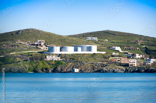 Petroleum oil and fuel storage tanks in Syros island. Cyclades islands, Greece