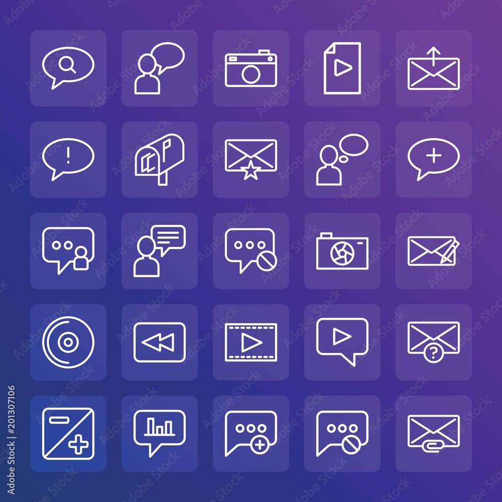 Modern Simple Set of chat and messenger, video, photos, email Vector outline Icons. ..Contains such Icons as mailbox, smartphone, new and more on gradient background. Fully Editable. Pixel Perfect. Modern Simple Set of chat and messenger, video, photos, email Vector outline Icons. ..Contains such Icons as mailbox, smartphone, new and more on gradient background. Fully Editable. Pixel Perfect.