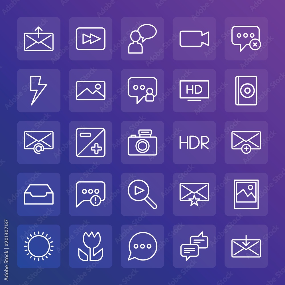 Modern Simple Set of chat and messenger, video, photos, email Vector outline Icons. ..Contains such Icons as message, outline, lens and more on gradient background. Fully Editable. Pixel Perfect. Modern Simple Set of chat and messenger, video, photos, email Vector outline Icons. ..Contains such Icons as message, outline, lens and more on gradient background. Fully Editable. Pixel Perfect.
