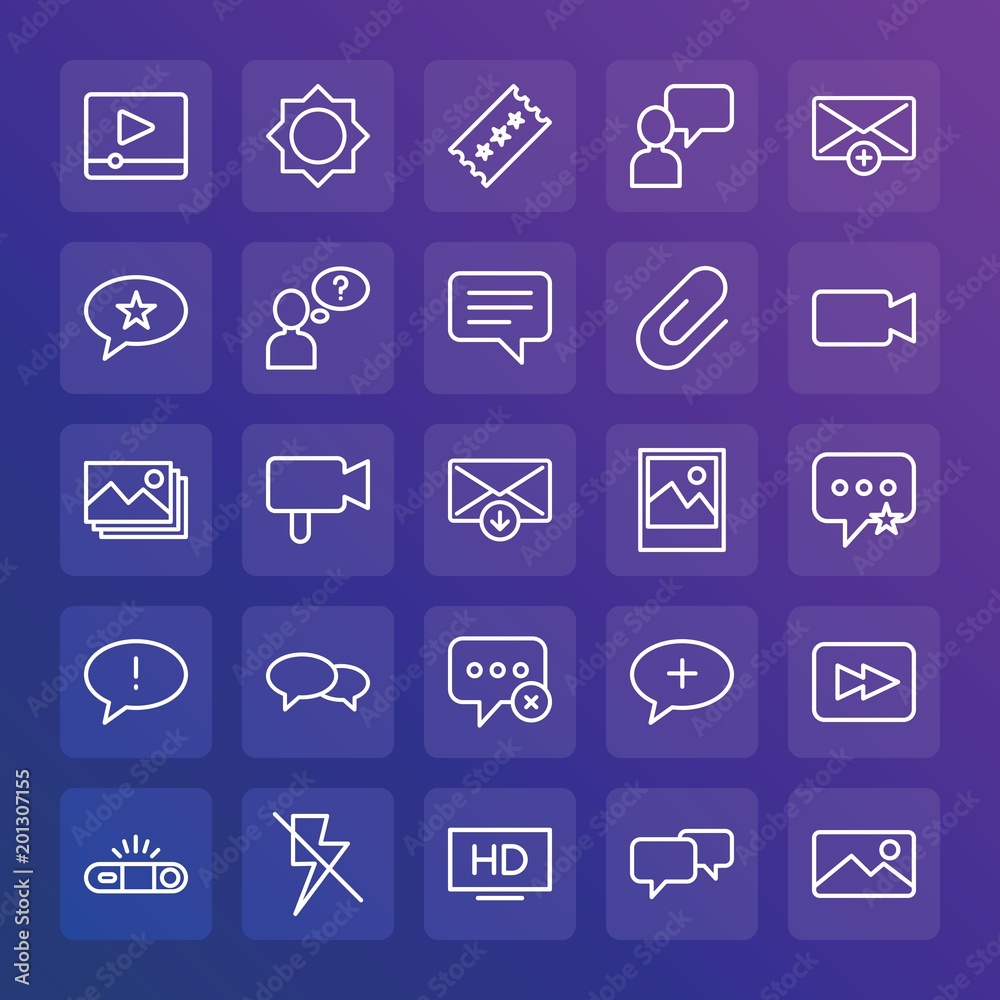 Modern Simple Set of chat and messenger, video, photos, email Vector outline Icons. ..Contains such Icons as chat, new, create, phone and more on gradient background. Fully Editable. Pixel Perfect. Modern Simple Set of chat and messenger, video, photos, email Vector outline Icons. ..Contains such Icons as chat, new, create, phone and more on gradient background. Fully Editable. Pixel Perfect.