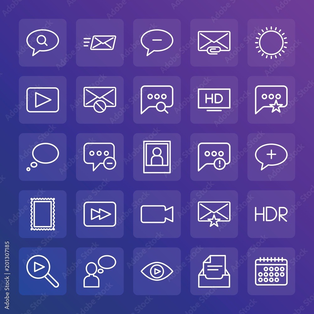 Modern Simple Set of chat and messenger, video, photos, email Vector outline Icons. ..Contains such Icons as message, video, email, hd and more on gradient background. Fully Editable. Pixel Perfect. Modern Simple Set of chat and messenger, video, photos, email Vector outline Icons. ..Contains such Icons as message, video, email, hd and more on gradient background. Fully Editable. Pixel Perfect.