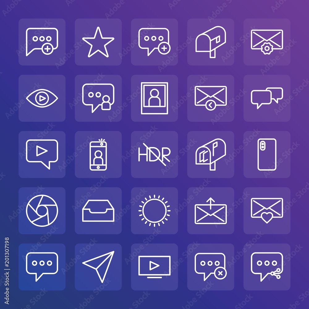 Modern Simple Set of chat and messenger, video, photos, email Vector outline Icons. ..Contains such Icons as communication, rating and more on gradient background. Fully Editable. Pixel Perfect. Modern Simple Set of chat and messenger, video, photos, email Vector outline Icons. ..Contains such Icons as communication, rating and more on gradient background. Fully Editable. Pixel Perfect.