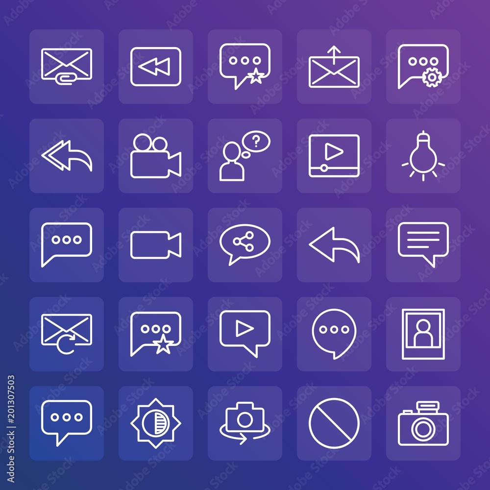 Modern Simple Set of chat and messenger, video, photos, email Vector outline Icons. ..Contains such Icons as message, video, camera and more on gradient background. Fully Editable. Pixel Perfect. Modern Simple Set of chat and messenger, video, photos, email Vector outline Icons. ..Contains such Icons as message, video, camera and more on gradient background. Fully Editable. Pixel Perfect.
