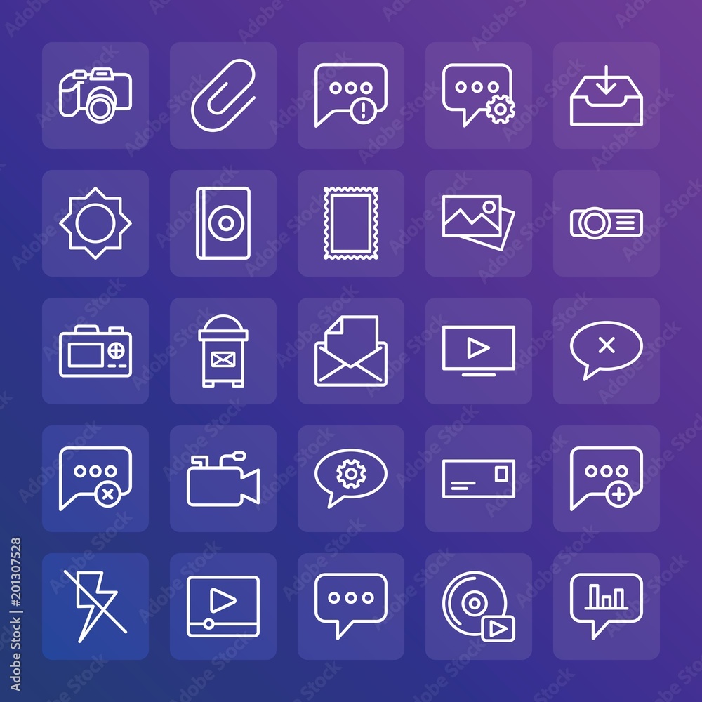 Modern Simple Set of chat and messenger, video, photos, email Vector outline Icons. ..Contains such Icons as lens, lightning, mail and more on gradient background. Fully Editable. Pixel Perfect. Modern Simple Set of chat and messenger, video, photos, email Vector outline Icons. ..Contains such Icons as lens, lightning, mail and more on gradient background. Fully Editable. Pixel Perfect.