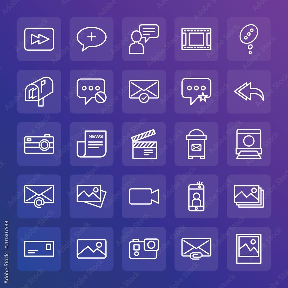 Modern Simple Set of chat and messenger, video, photos, email Vector outline Icons. ..Contains such Icons as  think,  technology, image and more on gradient background. Fully Editable. Pixel Perfect.
