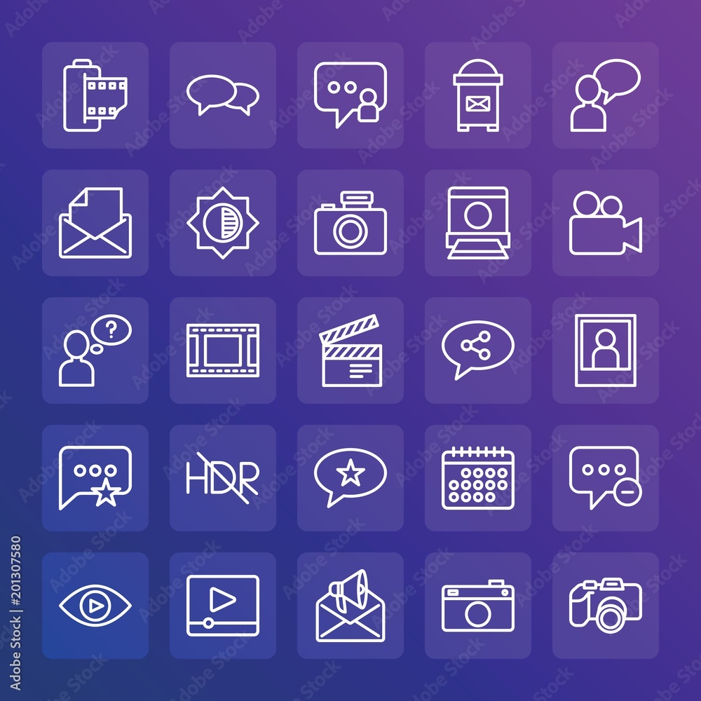 Modern Simple Set of chat and messenger, video, photos, email Vector outline Icons. ..Contains such Icons as player, lens, delete, open and more on gradient background. Fully Editable. Pixel Perfect. Modern Simple Set of chat and messenger, video, photos, email Vector outline Icons. ..Contains such Icons as player, lens, delete, open and more on gradient background. Fully Editable. Pixel Perfect.