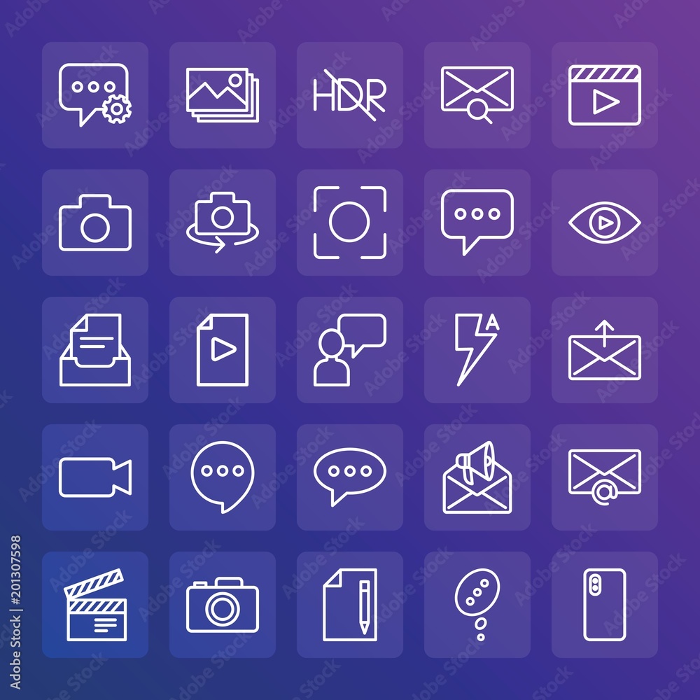 Modern Simple Set of chat and messenger, video, photos, email Vector outline Icons. ..Contains such Icons as internet, device, camera and more on gradient background. Fully Editable. Pixel Perfect. Modern Simple Set of chat and messenger, video, photos, email Vector outline Icons. ..Contains such Icons as internet, device, camera and more on gradient background. Fully Editable. Pixel Perfect.