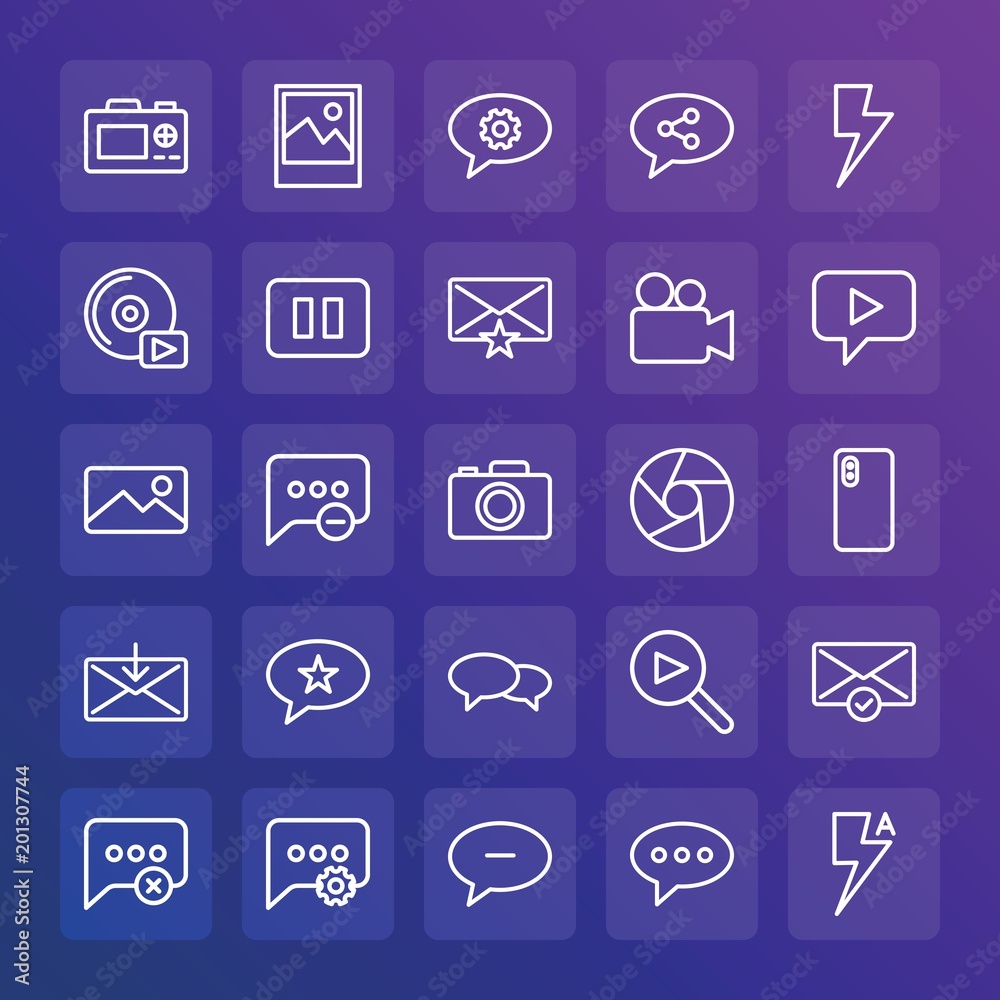 Modern Simple Set of chat and messenger, video, photos, email Vector outline Icons. ..Contains such Icons as design, sign, music, cd and more on gradient background. Fully Editable. Pixel Perfect. Modern Simple Set of chat and messenger, video, photos, email Vector outline Icons. ..Contains such Icons as design, sign, music, cd and more on gradient background. Fully Editable. Pixel Perfect.