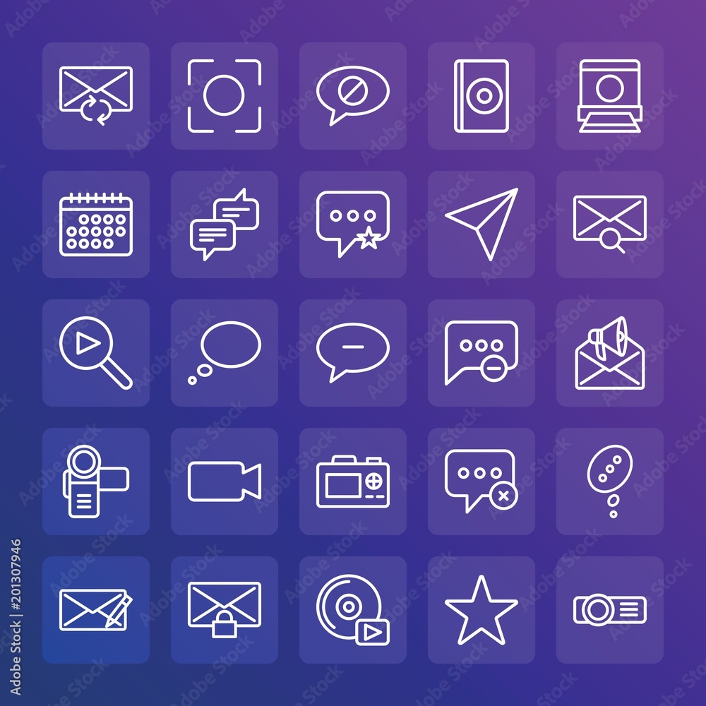 Modern Simple Set of chat and messenger, video, photos, email Vector outline Icons. ..Contains such Icons as music, camera, block, dvd and more on gradient background. Fully Editable. Pixel Perfect. Modern Simple Set of chat and messenger, video, photos, email Vector outline Icons. ..Contains such Icons as music, camera, block, dvd and more on gradient background. Fully Editable. Pixel Perfect.
