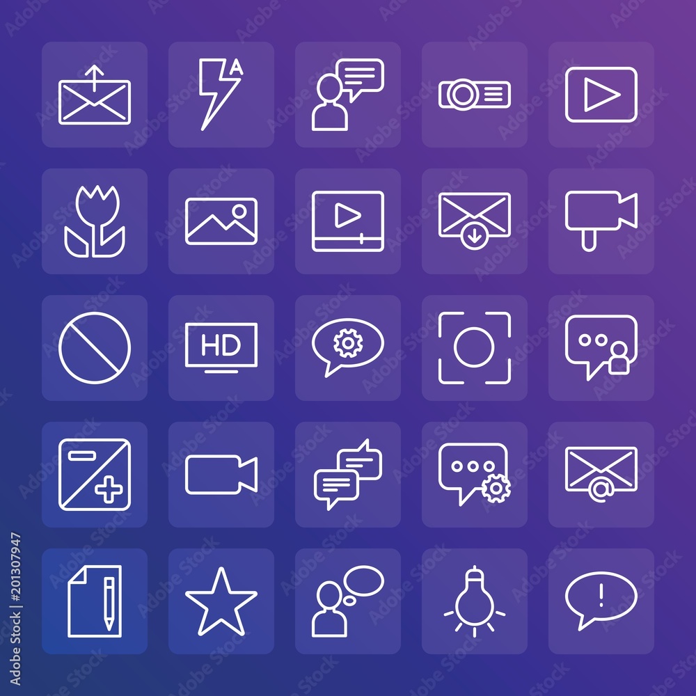 Modern Simple Set of chat and messenger, video, photos, email Vector outline Icons. ..Contains such Icons as message, symbol, rating and more on gradient background. Fully Editable. Pixel Perfect. Modern Simple Set of chat and messenger, video, photos, email Vector outline Icons. ..Contains such Icons as message, symbol, rating and more on gradient background. Fully Editable. Pixel Perfect.