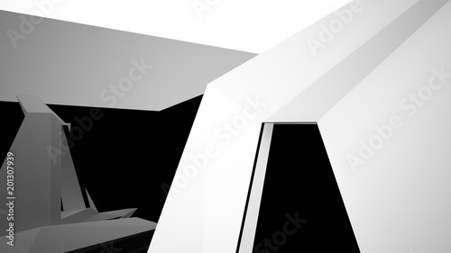 Abstract white and black interior multilevel public space with window. 3D illustration and rendering.