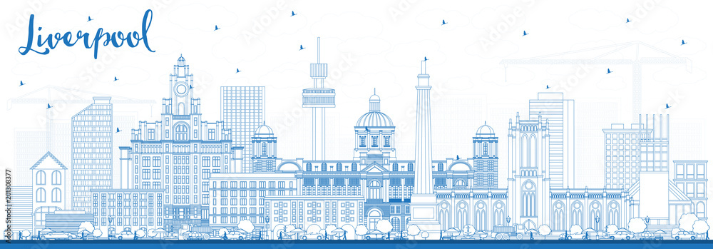 Outline Liverpool Skyline with Blue Buildings.
