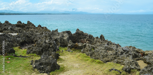 Magma formed rocks on the shoreine of the Dominican Republic showing embedded fossils and marine life photo