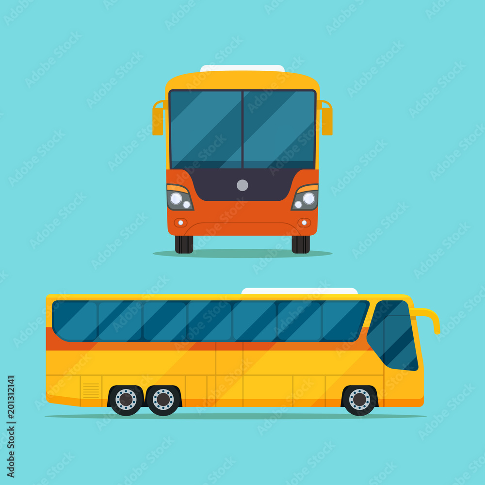 Passenger bus view side and front. Vector flat style illustration