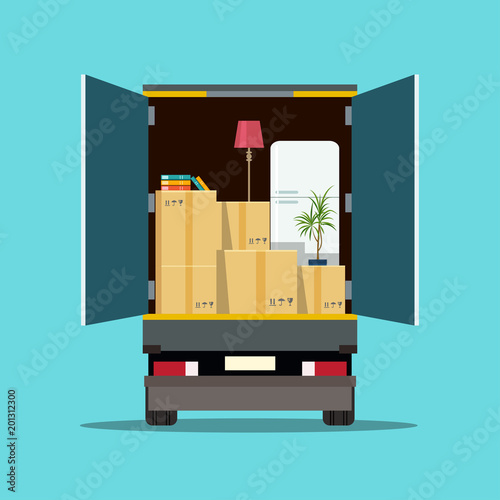 Things in box in the trunk of the truck. Moving House. Vector flat style illustration