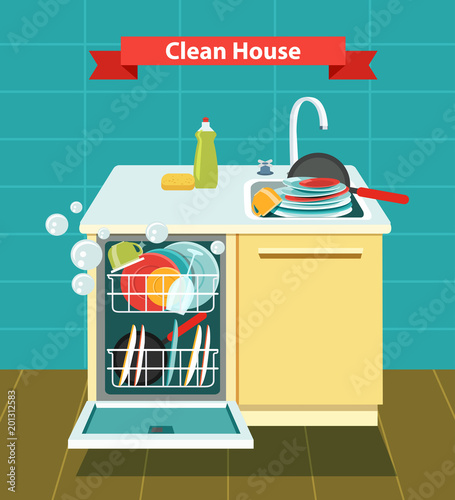 Open dishwasher with clean dishes. Dirty sink with dishes.Vector flat style illustration.