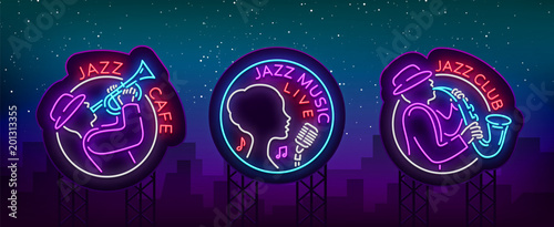 Jazz music collection of logos in neon style. Set of neon sign symbols, emblem, light banner, luminous sign. Bright Neon Advertising for Jazz Club, Cafe, Restaurant, Bar, Party. Vector illustration